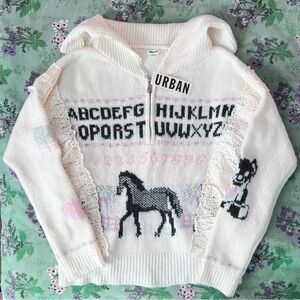 UO Kimchi Blue Paloma Lace Trim Horse Print Quarter Zip Pullover Sweater